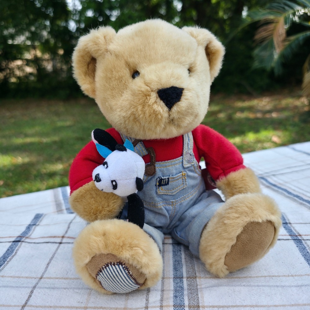 Blue Jean Teddy Bear Wind Up Musical Plush 11" Holding Baby Panda Head Moves